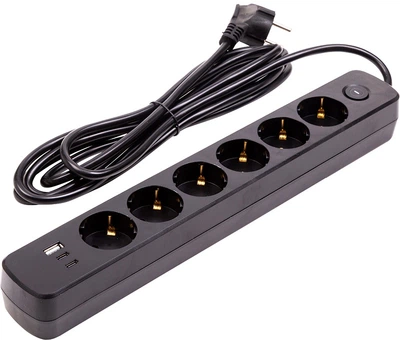 Сетевой фильтр PowerPlant 3 м 6 розеток 1 USB 2 Type-C Черный (EX610662)