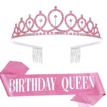 Женская диадема - корона для волос BIRTHDAY QUEEN тиара - обруч со стразами на день рождения + атласная лента, нежно-розовый (129784375)