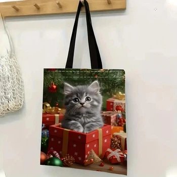 Новогодняя сумка-шоппер с принтом Котик в Подарочную Эко-сумка для праздничных покупок Текстильная идеальный подарок