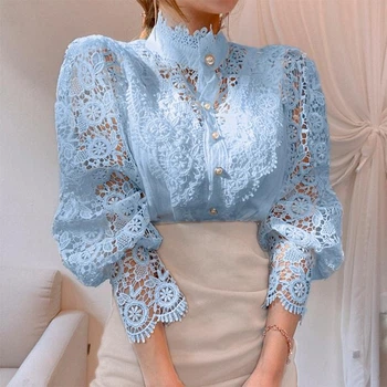 Святкова мереживна жіноча блуза Блакитна 3XL