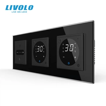 Умный проходной сенсорный диммер LIVOLO с двумя терморегуляторами, черный, стекло, 16A 230V
