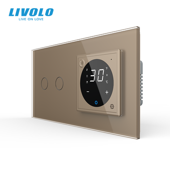 Розумний терморегулятор LIVOLO з керуваннямз телефона, подвійний прохідний вимикач, золотий, скляна рамка