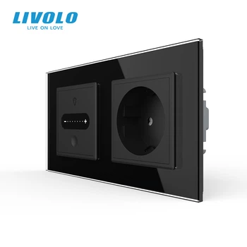 Умный сенсорный диммер с розеткой LIVOLO 16А 230В с заземлением, шторки, черный, стекло