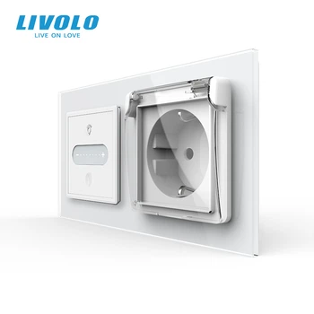 Умный сенсорный диммер с розеткой и крышкой IP44 LIVOLO 16А 230В, с заземлением, шторки, белый, стекло