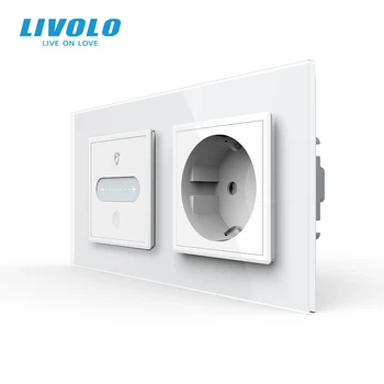 Умный сенсорный диммер с розеткой LIVOLO 16А 230В с заземлением, шторки, белый, стекло