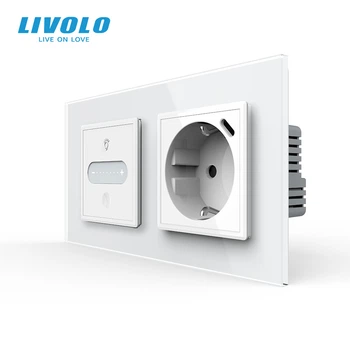 Умный сенсорный проходной диммер с розеткой USB Type-C 18Вт LIVOLO, с заземлением, шторки, белый, стекло