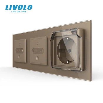 Умный сенсорный диммер LIVOLO 2 сенсора (1-1) с розеткой IP44, крышка, золотой 2.5Dе стекло, 16A 230V, заземление