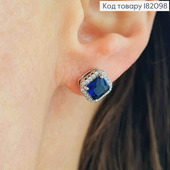 Серьги родованные гвоздики Синим камнем в оправе с камушков размером 0,9см, XUPING