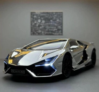 Колекційна металева модель автомобіля Lamborghini Revuelto інерційна зі світлом, звуком і парою, хром 1:24