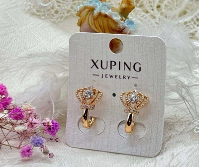 Серьги подвески с короной и камушками Xuping гипоаллергенные сережки висячие бижутерия из медицинской стали