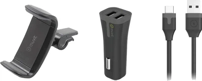 Uchwyt na telefon Muvit Car Holder Airvent + Car Charger + Type-C Cable Black (MUPAK0328)