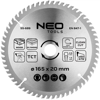 Диск побідитовий Neo Tools для пилки 165 x 1.5 x 2.6 x 20 мм (5906692004232)