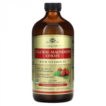 Кальцій Solgar, Liquid Calcium Magnesium Citrate with Vitamin D3 Strawberry, 473 мл для підтримки здоров'я шкіри,суглобів та імунітету