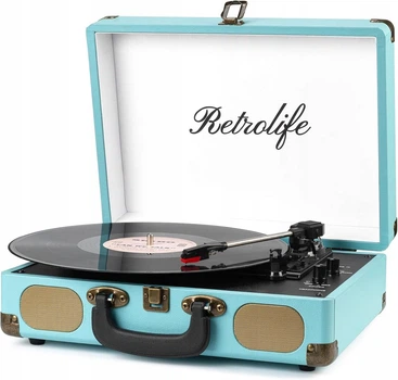 Вінтажний програвач Retrolife у чемодані Вініловий програвач у ретро стилі з Bluetooth динаміками у кейсі, блакитний