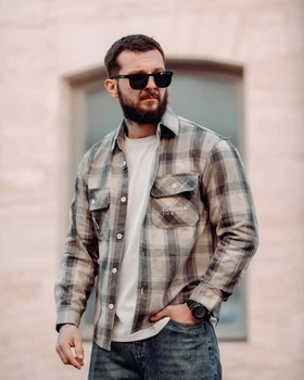 Рубашка мужская джинсовая хаки в клетку ТР6802, деним (jeans cotton), на кнопках, повседневная, весенняя XXXL