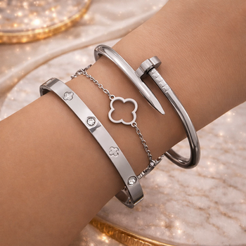 Набор браслетов 3 шт GONCHAR & CO. Гвоздь + Клевер + Cartier с камнями (покрытие серебром) 51-004