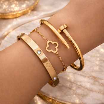 Набір браслетів 3 шт GONCHAR & CO. Цвях + Клевер + Cartier з камінцями (позолота 18K) 51-003