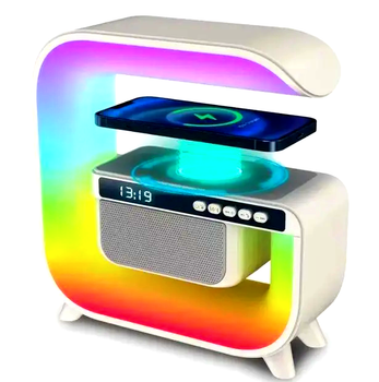 Смарт лампа нічник HM-G3 G-Smart Light RGB із бездротовою зарядкою 15 Вт, Bluetooth колонка з будильником, LED світильник із сенсорним керуванням, нічник із підсвічуванням для спальні, лампа з QI зарядкою для телефону iPhone Android