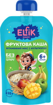 Фруктова каша з яблук, мультизлакової каші, персиків, бананів та манго «Вітамінний мікс» Elfik Magic 110 г