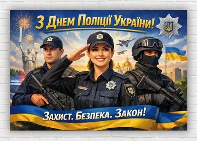 Бумажный плакат "День полиции Украины. Защита. Безопасность. Закон" 110х75 см