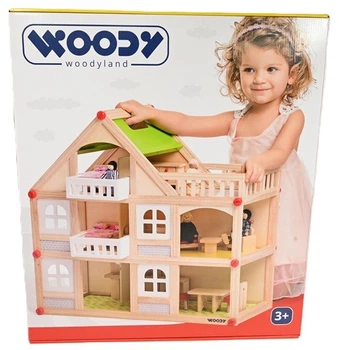 Domek dla lalek Woody Woodyland 2-piętrowy drewniany z aksesoriami 91329 (8591864913299)