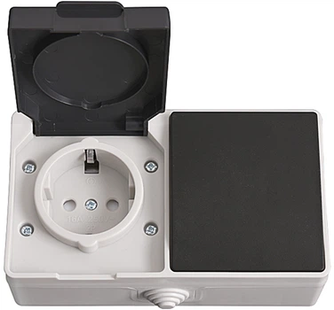 Розетка ELM OSW-10EC IP54 із заземленням, кришкою та вимикачем одноклавішним Сіро-чорна (41-0042)