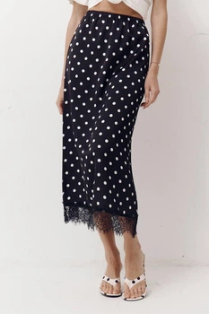 Чорна спідниця в горох із атлас-сатину Skirt Grace LiLove 412 L декорована гіпюром