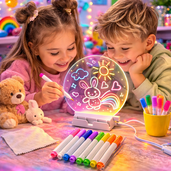 Светодиодная LED доска для рисования, круглая доска USB для записей, ночник с маркерами, 18.5×20см.