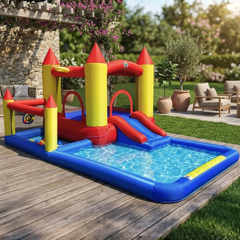 Надувной водный центр Costway Happyland: с горкой 400 см, 2 бассейнами, батутом и насосом