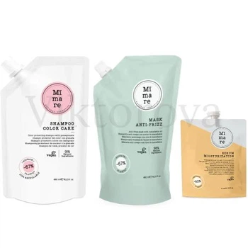 Набор для защиты цвета и разглаживания волос Mimare: Шампунь Mimare Color Care Shampoo 480 мл + Маска Mimare Anti-Frizz Mask 480 мл + Серум Mimare Moisturization Serum 40 мл