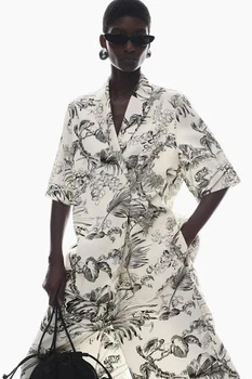 Блейзер жіночий COS botanical-print short-sleeved blazer 1229904001 36 Чорно-Бежевий
