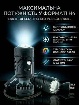 Автолампы светодиодные mini лед линзы H4 65/85Вт 12000Lm 5500K в фары ближний дальний свет 2шт для авто 12v лампочки с линзой драйвером и обманкой CANBUS Decker led RGX-01