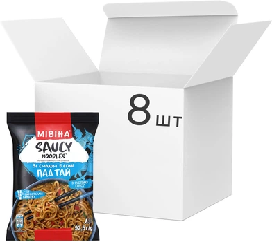 Упаковка вермішелі швидкого приготування Мівіна Saucy Noodles в густому соусі зі смаком в стилі Пад Тай 92.5 г х 8 шт (8445292214384)