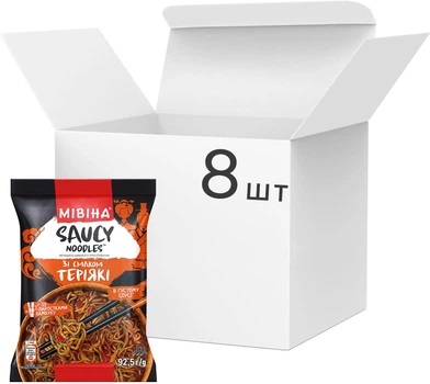 Упаковка вермішелі швидкого приготування Мівіна Saucy Noodles в густому соусі зі смаком теріякі 92.5 г х 8 шт (8445292214421)