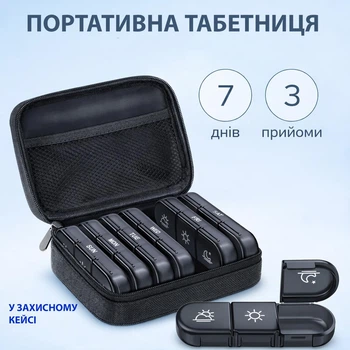 Таблетница для лекарств в защитном кейсе по дням (утро - день - вечер) Box футляр - органайзер для витаминов и таблеток на 7 дней / на неделю, черная (130222546)