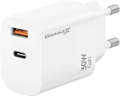 Зарядний пристрій Grand-X CH-360W Type-C + USB-A Quick Charge QС3.0 White