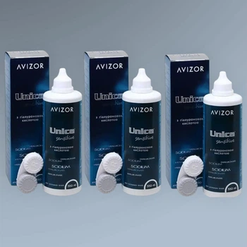 Комплект 3 шт раствор для линз Avizor Unica Sensitive 350 мл + контейнер жидкость вода для линз Уника Юника