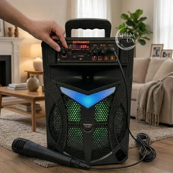 Аккумуляторная переносная Bluetooth колонка с микрофоном для караоке 20Вт 8", беспроводная акустическая система с LED подсветкой, MP3 плеером и FM-радио, портативная акустика с ручкой и пультом дистанционного управления для дома и улицы Черная, TTD-8243