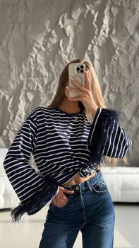 Жіноче Кофта Лонг Синя Смужка З Пір'ям Декоративним Оверсайз Oversize (385798)