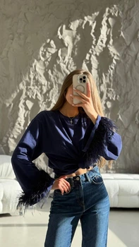 Жіноче Кофта Лонг Синій З Пір'ям Декоративним Оверсайз Oversize (385799)