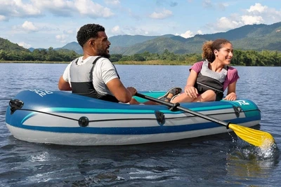 Човен надувний BestWay 61153 «Hydro Force Trek X2» (37*118*232 см, гребний, двомісний, трикамерний, весла ↔124 см, насос, надувне дно, до 250 кг)