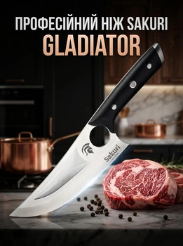 Ніж універстальний кухонний Sakuri Gladiator 28,5 см, нержавіюча сталь, деревʼяна ручка, обробний обвалочний професійний ніж