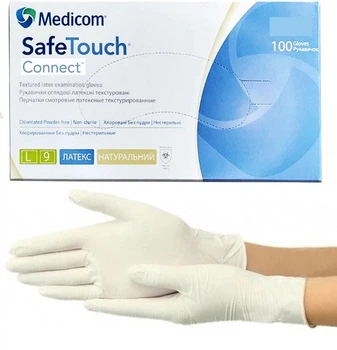 Перчатки смотровые латексные без пудры нестерильные хлорированные Safe-Touch Connect, L (50 пар/100шт)