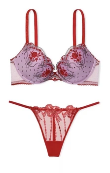 Комплект Victoria’s Secret модель Rosebud Dot Push-Up Bra +V-Trong Світло-бузковий з червоним 34B-XS