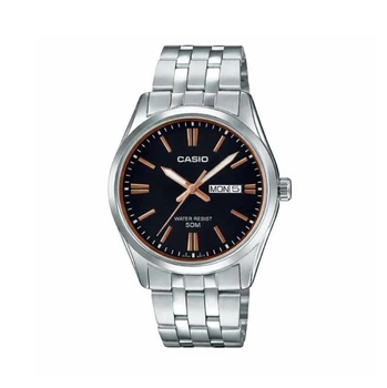 Мужские классические часы Casio MTP-1335D-1A2 серебристые с чёрным циферблатом