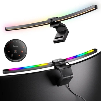 Вигнута лампа для монітора Quntis 66 см RGB з USB-портом, пультом дистанційного керування та теплим білим підсвічуванням, складна лампа для монітора з автоматичним затемненням, регульованою яскравістю та колірною температурою. Чорна