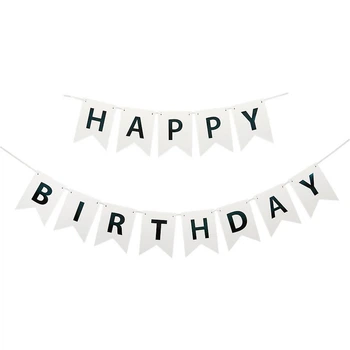 Напис картонний на прапорцях 16 см Happy Birthday Білий з чорним