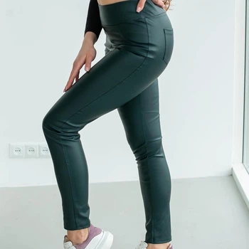 Женские лосины с экокожи 3XL зеленые (204)