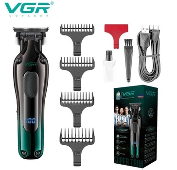 Акумуляторна машинка для стрижки VGR V-998 професійна, тример для волосся з LED дисплеєм, 4 насадки, 1200 мА·год, 180 хв роботи, машинка для стрижки волосся бездротова з титановими лезами зелена