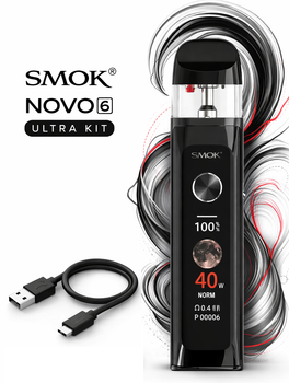 Многоразовая Pod-система Smok Novo 6 Ultra KIT Black Смок Ново под система на 1700мАч до 40 Вт сенсорный дисплей заправка верхняя 3 мл чёрная